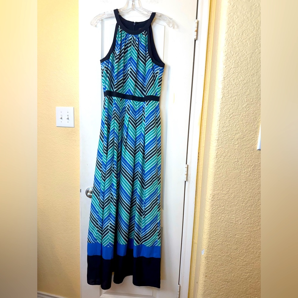 Ann Taylor Womens Maxi Dress Chiffon Crewneck Green Blue Striped Size 6